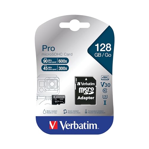 Verbatim Pro U3 Micro SDXC Speicherkarte mit Adapter, 128 GB, Datenspeicher für 4K Ultra HD Video-Aufnahmen, Micro SD Karte in schwarz, ideal für Action-Cams, Camcorder, Smartphones und Tablets Verbatim Pro U3 Micro SDXC Speicherkarte mit Adapter, 128 GB, Datenspeicher für 4K Ultra HD Video-Aufnahmen, Micro SD Karte in schwarz, ideal für Action-Cams, Camcorder, Smartphones und Tablets von Verbatim