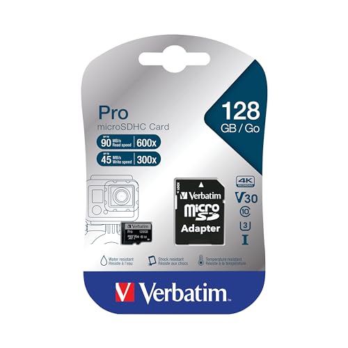 Verbatim Pro U3 Micro SDXC Speicherkarte mit Adapter, 128 GB, Datenspeicher für 4K Ultra HD Video-Aufnahmen, Micro SD Karte in schwarz, ideal für Action-Cams, Camcorder, Smartphones und Tablets von Verbatim