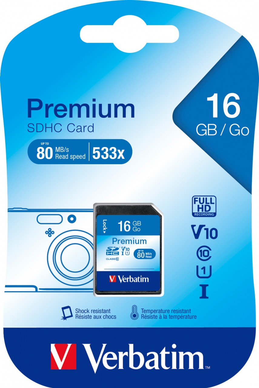 Verbatim SDHC-Card 16GB, Premium, Class 10, U1, UHS-I (R) 80MB/s, (W) 10MB/s, Retail-Blister von Verbatim