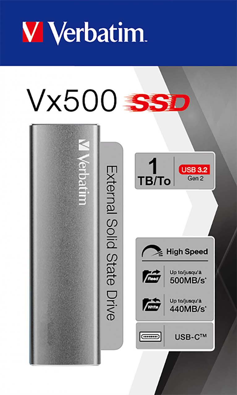 Verbatim SSD 1TB, USB 3.2, Typ A-C, Vx500 (R) 500MB/s, (W) 440MB/s, Retail-Blister von Verbatim