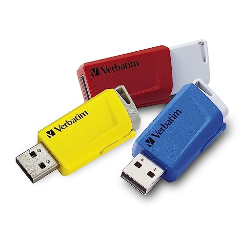 Verbatim Store 'n' Click USB-Stick 3x, USB 3.2 Gen 1, 16GB, Speicherstick mit Verriegelungsmechanismus, USB-3, externer Speicher für Laptop Notebook & Co, bis 5 Gbit/s, rot blau gelb von Verbatim