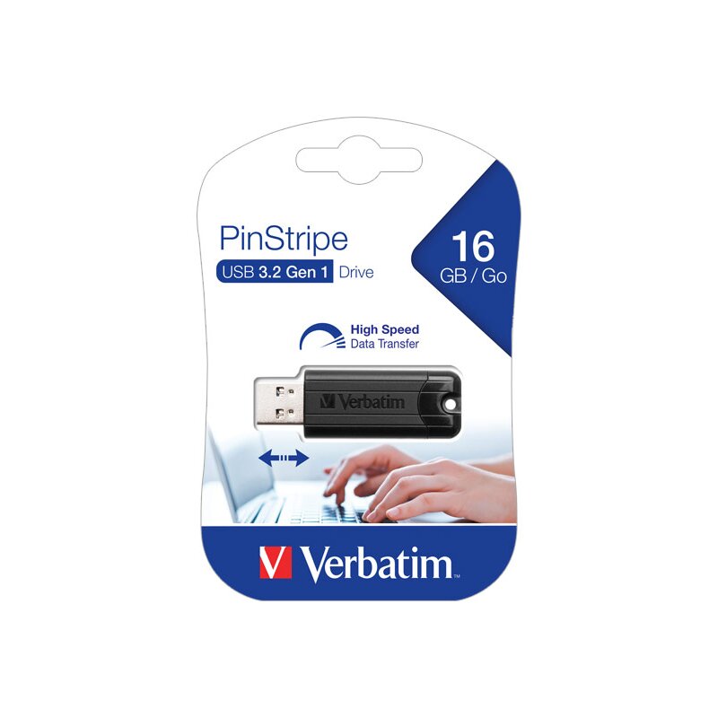 Verbatim USB 3.2 Stick 16GB, PinStripe, schwarz Typ-A, (R) 30MB/s, (W) 10MB/s, Retail-Blister von Verbatim