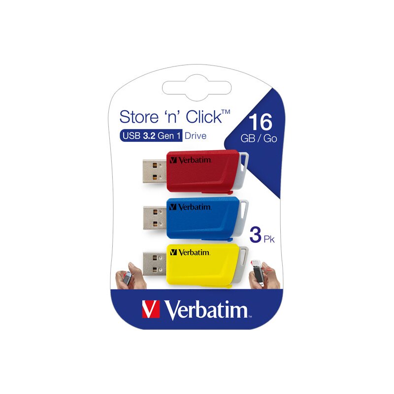 Verbatim USB 3.2 Stick 16GB, Store'n'Click, rot-blau-gelb Verbatim USB 3.2 Stick 16GB, Store'n'Click, rot-blau-gelb von Verbatim