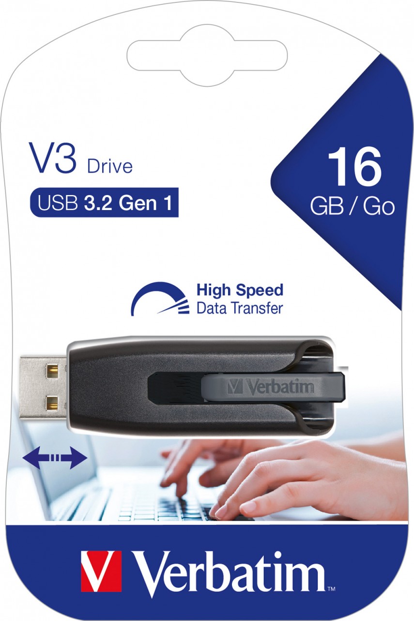 Verbatim USB 3.2 Stick 16GB, V3 Drive, grau Typ-A, (R) 60MB/s, (W) 12MB/s, Retail-Blister von Verbatim