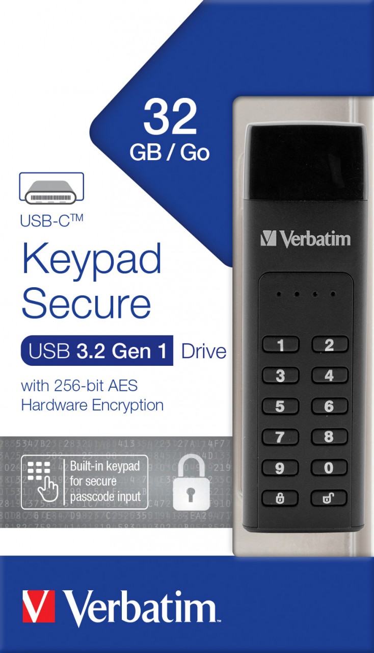Verbatim USB 3.2 Stick 32GB, Secure, Keypad, AES-256-Bit Typ-C, (R) 160MB/s, (W) 130MB/s, Retail von Verbatim