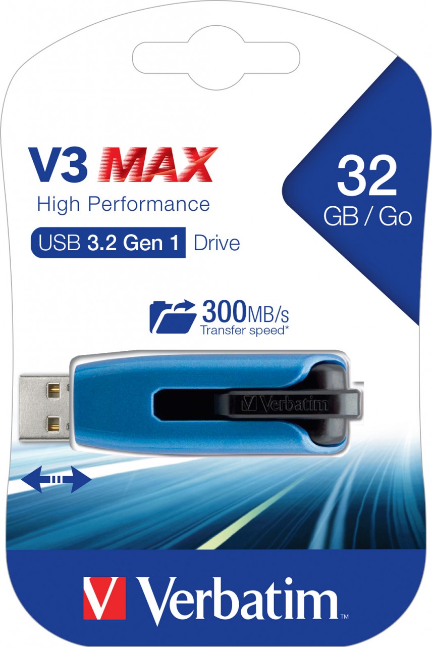 Verbatim USB 3.2 Stick 32GB, V3 MAX, blau-schwarz Typ-A, (R) 300MB/s, (W) 70MB/s, Retail-Blister von Verbatim