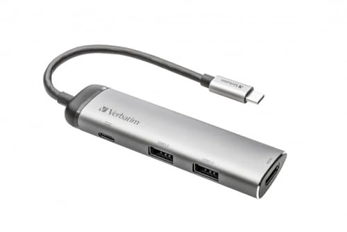 Verbatim USB-C Multiport-Adapter, USB-C-Hub mit USB-3.0, HDMI-4K, und USB-Typ-C Schnelladeanschluss, USB-C-Adapter für Laptop und Macbook, Multimedia-Adapterstecker USB-Type-C, silber von Verbatim