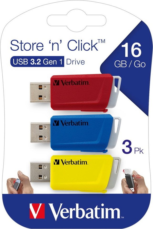 Verbatim USB Stick 16GB Store'n'Click rot, blau, gelb USB 3.2 3er Pack USB-Stick Verbatim USB Stick 16GB Store'n'Click rot, blau, gelb USB 3.2 3er Pack USB-Stick von Verbatim