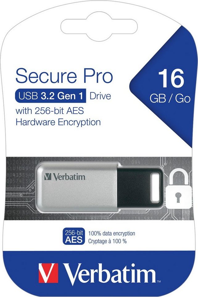 Verbatim USB Stick 16GB Store 'n' Go Secure Pro 256-bit AES silber USB 3.2 USB-Stick von Verbatim