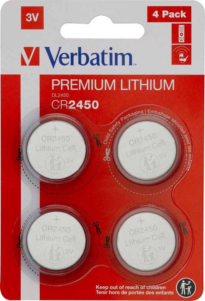 Verbatim Verbatim Batterie Lithium, Knopfzelle, CR2450, 3V Retail Blister (4-P Knopfzelle von Verbatim