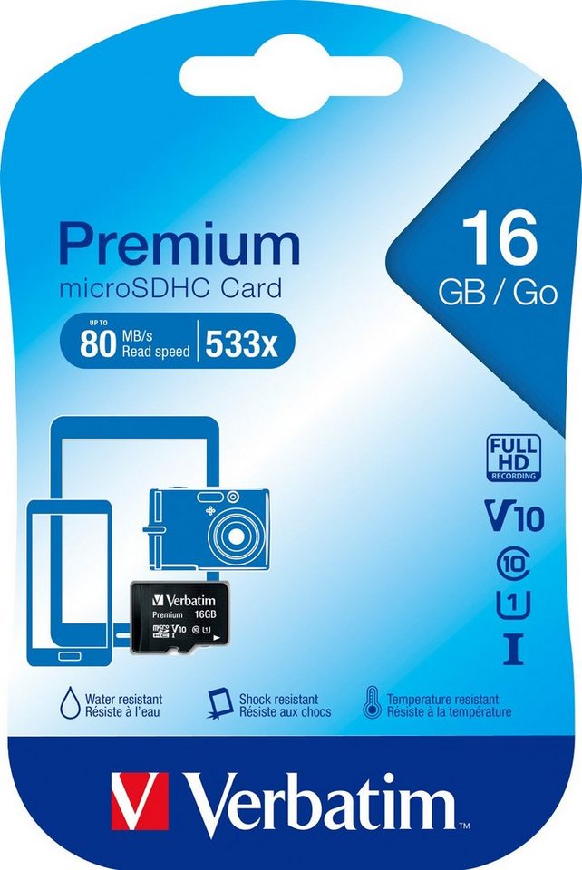 Verbatim Verbatim microSDHC Card 16GB, Premium, Class 10, U1 (R) 80MB/s, (W) 1 Speicherkarte von Verbatim