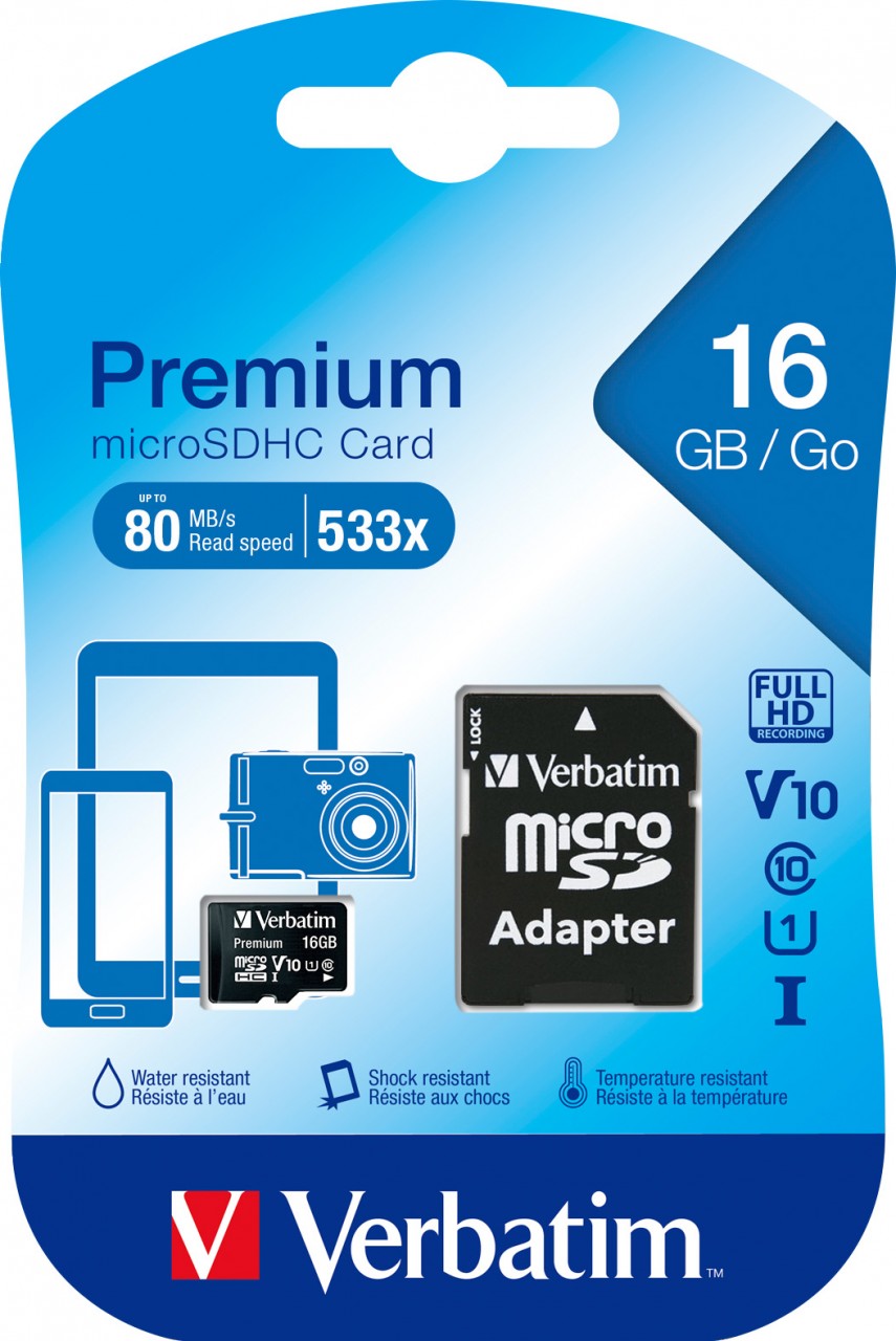 Verbatim microSDHC Card 16GB, Premium, Class 10, U1 (R) 80MB/s, (W) 10MB/s, SD Adapter, Retail-Blister von Verbatim