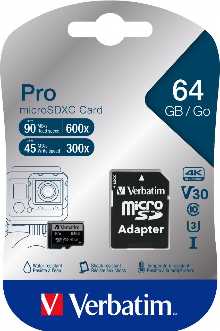 Verbatim microSDXC-Card 64GB, PRO, U3, UHS-I, 4K UHD (R) 90MB/s, (W) 45MB/s, SD Adapter, Retail-Blister von Verbatim
