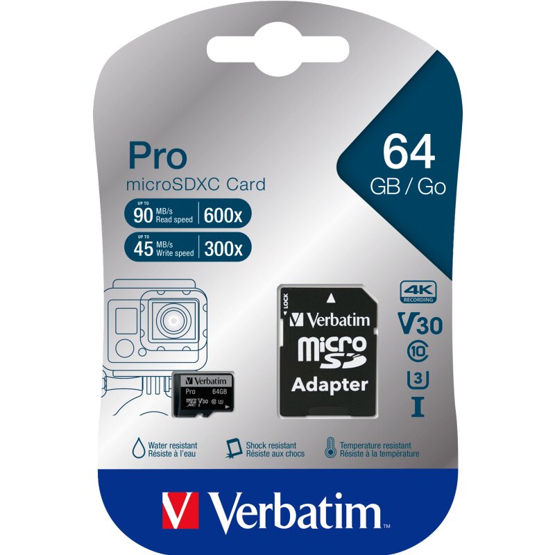 Verbatim microSDXC-Card 64GB, PRO, U3, UHS-I, 4K UHD von Verbatim
