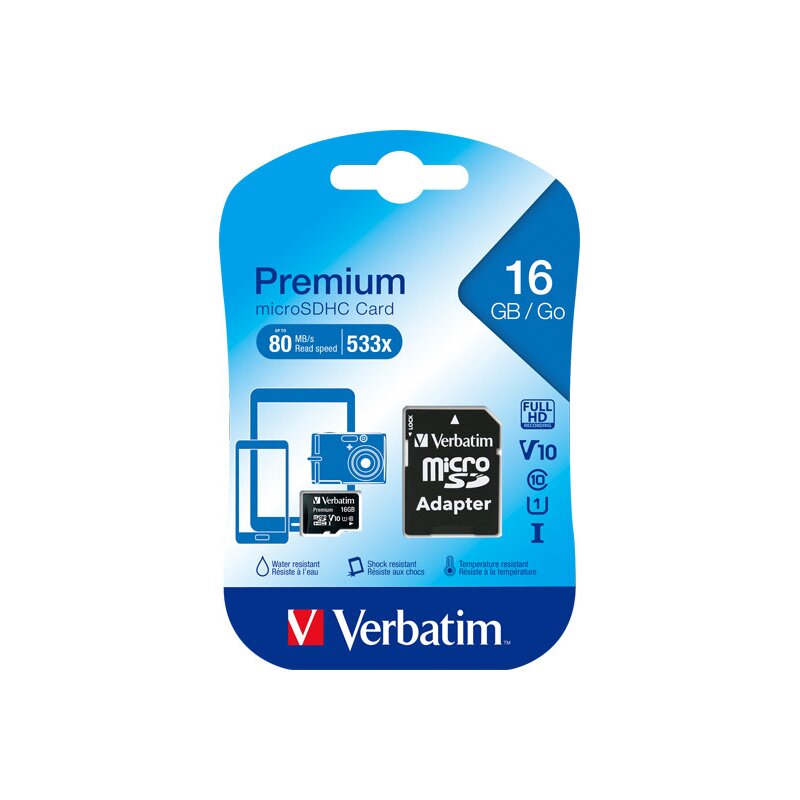 microSDHC Card 16GB, Premium, Class 10, U1 + SD-Adapter von Verbatim