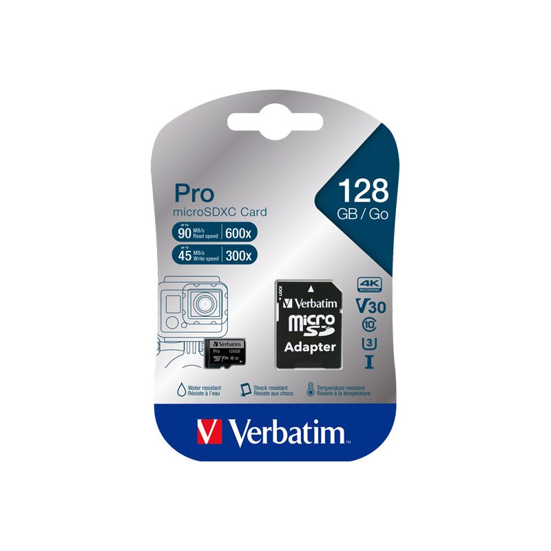 microSDXC-Card 128GB, PRO, U3, UHS-I, 4K UHD + SD-Adapter von Verbatim