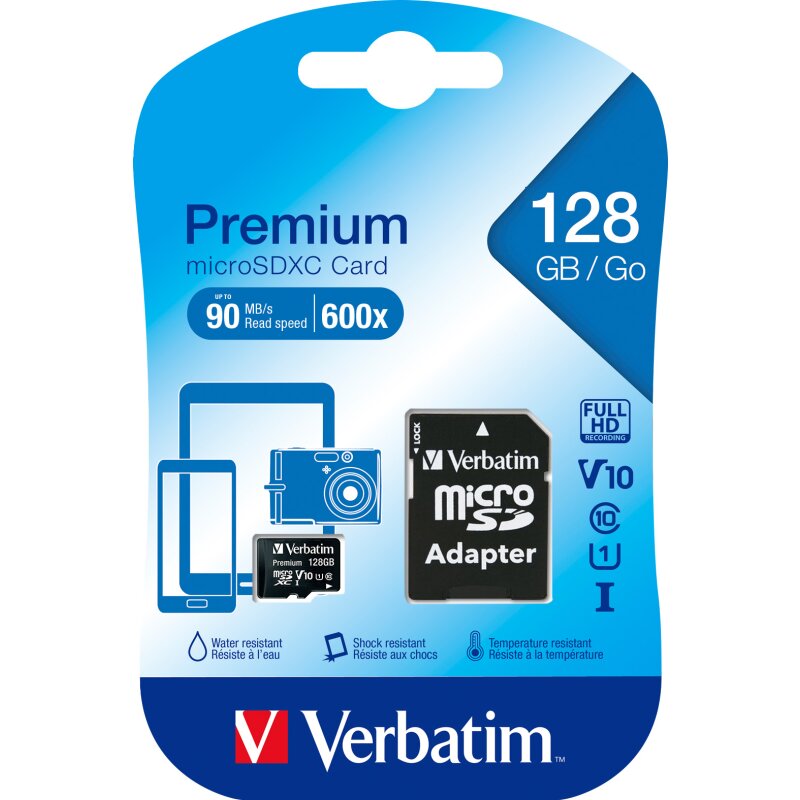 microSDXC Card 128GB, Premium, Class 10, U1 + SD-Adapter von Verbatim