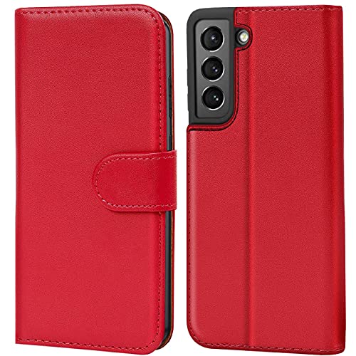 Verco Handyhülle für Samsung Galaxy S21 Hülle, Bookcase Tasche Flipcover für Samsung S21 Case [Kartenfächer/Aufstellfunktion], Rot von Verco