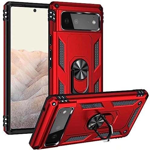 Verco Hybrid Armor Shield Case für Google Pixel 6 Hülle, extrem robust mit Magnet Fingerring Halter Handyhülle für Pixel 6 Panzerhülle, Rot von Verco