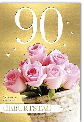 Verlag Dominique Geburtstagskarte 90 Jahre Jubiläum - Elegante Rosen mit goldenem Hintergrund und herzlichen Glückwünschen - mit Umschlag von Verlag Dominique