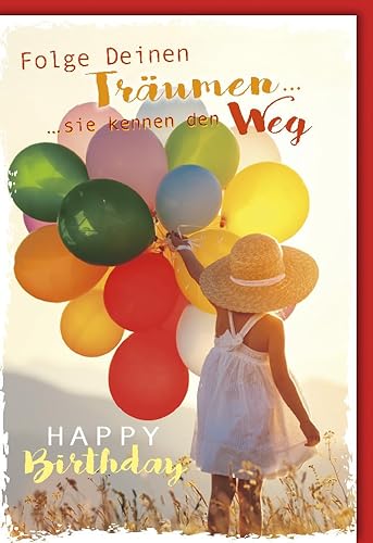 Verlag Dominique Geburtstagskarte Spruch Mädchen mit Sonnenhut und Luftballons - mit Umschlag von Verlag Dominique
