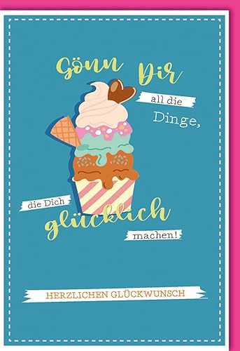 Verlag Dominique Geburtstagskarte: Bunte Eistüte mit Herz & Glückwunsch – Gönn Dir all die Dinge, die Dich glücklich machen! - mit Umschlag von Verlag Dominique