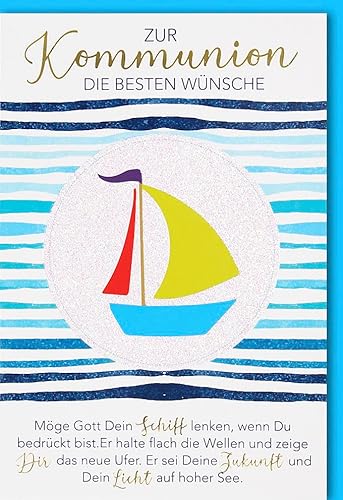 Verlag Dominique Kommunionskarte Glitzerlack und Folienprägung Spruch Gott Schiff lenken - mit Umschlag von Verlag Dominique