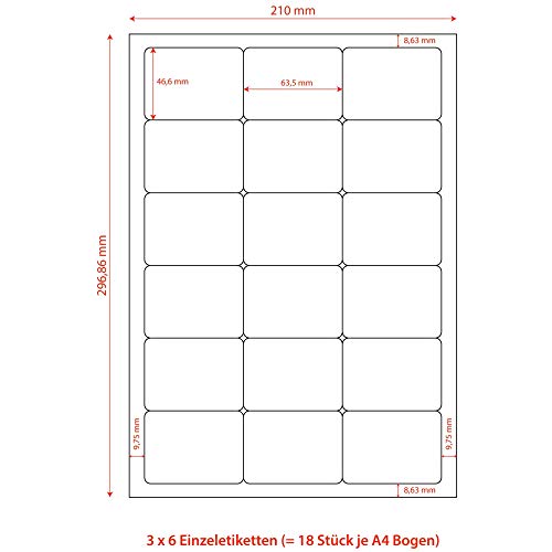 1-PACK Etiketten Labels selbstklebend weiß 63.5 x 46.6mm auf DIN A4, 1800 Stück von Verpackungsteam