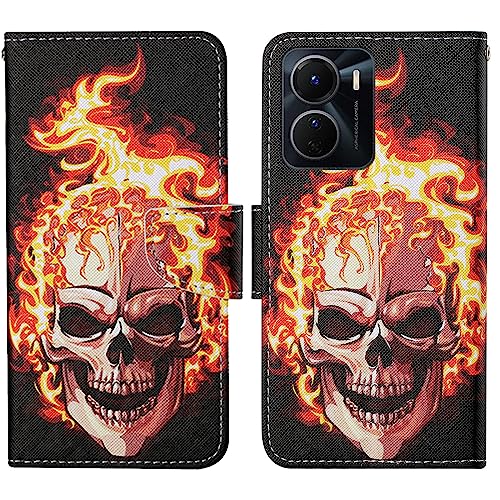 Verpotex Kompatibel mit Vivo Y02S/Y16 4G Hülle, Premium Handyhülle Lederhülle Leder Klappbar Flip Case Tasche Magnet Wallet Kartenfach Klapphülle Schutzhülle Hülle Vivo Y02S/Y16 4G (Schädel) von Verpotex