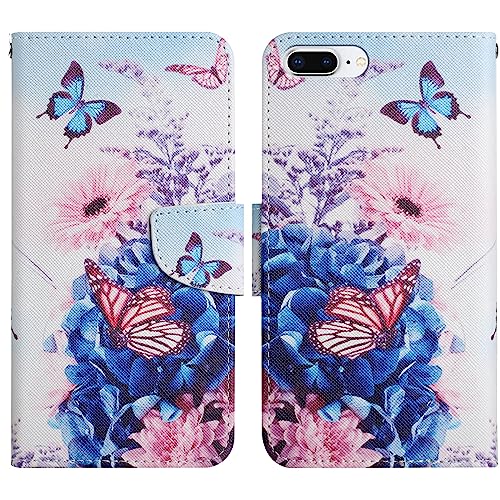 Verpotex Kompatibel mit iPhone 8 Plus/7 Plus Hülle, Handyhülle Lederhülle Leder Klappbar Flip Tasche Magnet Wallet Kartenfach Klapphülle Schutzhülle iPhone 8 Plus/7 Plus (5,5 Zoll) (Schmetterling 1) von Verpotex