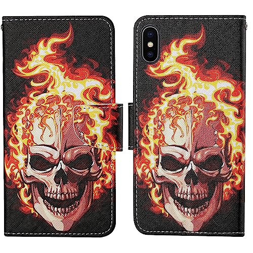 Verpotex Kompatibel mit iPhone XS/X Hülle, Handyhülle Lederhülle Leder Klappbar Flip Case Tasche Magnet Wallet Kartenfach Klapphülle Schutzhülle Hülle iPhone XS/iPhone X (5,8 Zoll) (Schädel) von Verpotex
