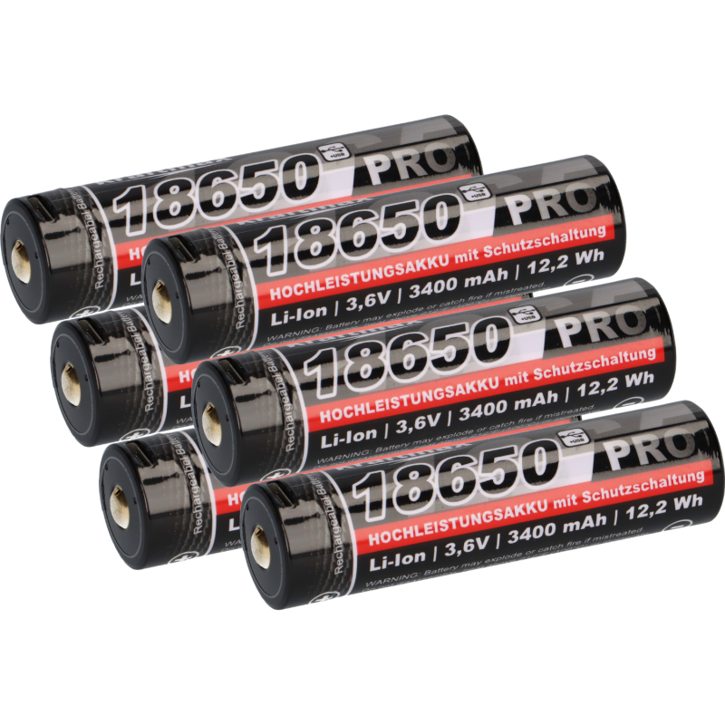 6x Kraftmax 18650 Pro Hochleistungsakku Li-Ion 3,6V 3400mAh inkl. Micro-USB Ladebuchse von Verschiedene