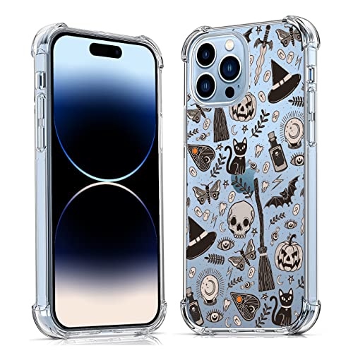 Schwarze Halloween-Schutzhülle für iPhone 14 Pro, Kürbis-Totenkopf-Fledermaus-Muster für Männer und Frauen, trendige, transparente weiche TPU-Schutzhülle für iPhone 14 Pro von Vesidurt