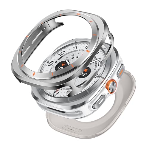 VeveXiao 2-in-1-Schutzhülle aus Metall für Samsung Galaxy Watch 7 Ultra, stoßfeste Stoßstangen-Schutzhülle aus Aluminium (47 mm, Grauorange) von VeveXiao