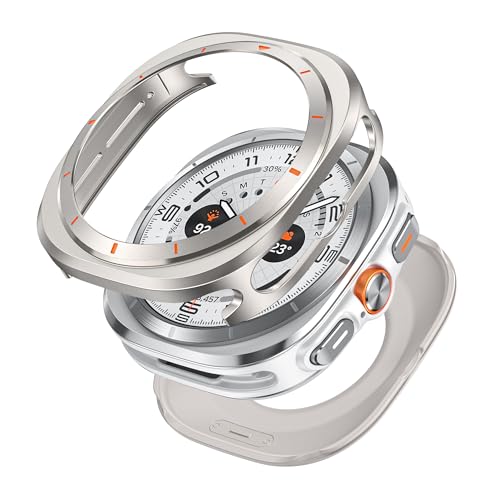 VeveXiao Robuste 2-in-1-Metallhülle, kompatibel mit Samsung Galaxy Watch 7 Ultra, stoßfeste Stoßstangen-Schutzhülle aus Aluminium für 47 mm (2024), Titanorange von VeveXiao