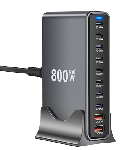 800W GaN3 USB C Ladegerät Mehrfach – 8×USB-C-Ports (140W/100W/65W) und 2×USB-A-Ports (30W QC) – Kompakter Multi-Geräte-Ladegerät, kompatibel mit Laptops, iPhone 15/16, Galaxy, PS5 für Reisen von VexNook