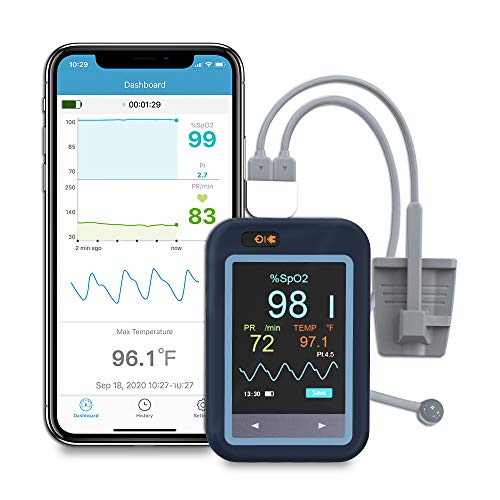 Intelligenter Pulsoximeter für Erwachsene und Baby, Handgehaltenes Sauerstoffsättigung Messgerät für SpO2, HR und Körpertemperatur, Drehbarer Touchscreen, Kostenlose App & PC-Software von ViATOM