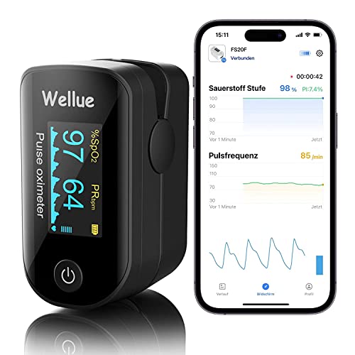Pulsoximeter, Überwachung des Sauerstoffs, SP-02 und Herzfrequenzmesser, Bluetooth Monitor für Fingerspitzen mit App, tragbar und leicht mit Batterien, Schwarz von ViATOM