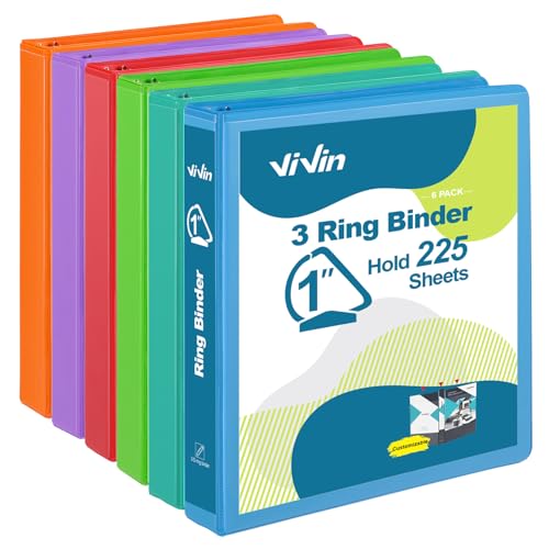 ViVin Durable 2,5 cm D-Ringbinder, 3-Ringbücher mit 2 Taschen, für 225 Blatt US-Briefpapier – 6 Stück (sortiert) von ViVin