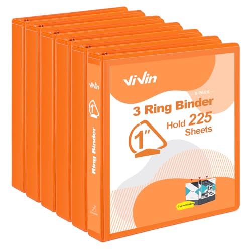 ViVin Stabile 2,5 cm D-Ringbücher, 3-Ringbücher mit 2 Taschen, für 225 Blatt US-Briefpapier für Büro, Zuhause, Schule, 6 Stück (Orange) von ViVin