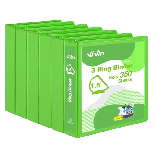 ViVin Stabiles 3-Ringbuch mit Taschen, schräger D-Ring, PVC-frei, anpassbarer, transparenter Ordner, hält 350 Blatt Papier à 21,6 x 27,9 cm, 6 Stück (Efeugrün) von ViVin