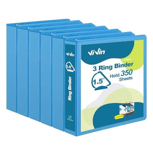 ViVin Stabiles 3-Ringbuch mit Taschen, schräger D-Ring, PVC-frei, anpassbarer, transparenter Ordner, hält 350 Blatt Papier à 21,6 x 27,9 cm, 6 Stück (Hellblau) von ViVin