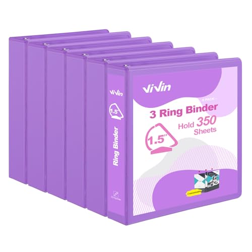 ViVin Stabiles 3-Ringbuch mit Taschen, schräger D-Ring, PVC-frei, anpassbarer, transparenter Ordner, hält 350 Blatt Papier à 21,6 x 27,9 cm, 6 Stück (Lila) von ViVin