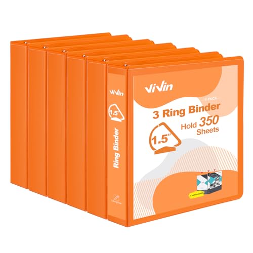 ViVin Stabiles 3-Ringbuch mit Taschen, schräger D-Ring, PVC-frei, anpassbarer, transparenter Ordner, hält 350 Blatt Papier à 21,6 x 27,9 cm, 6 Stück (Orange) von ViVin