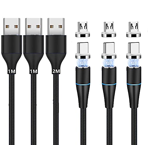 Magnetisches Ladekabel (1m+1m+2m,3 Stück) USB C/Typ C/Micro USB 2-in-1 Magnet USB Kabel 3A Schnellladung und Datensynchronisation LED Ladekabel Kompatibel mit Alles Android Phone Smartphone Tablet von Vialex