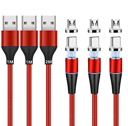 Magnetisches Ladekabel (1m+1m+2m,3 Stück) USB C/Typ C/Micro USB 2-in-1 Magnet USB Kabel 3A Schnellladung und Datensynchronisation LED Ladekabel Kompatibel mit Alles Android Phone Smartphone Tablet von Vialex