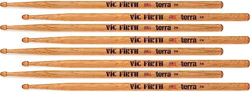 Vic Firth - American Classic® Terra Serie Trommelstöcke 7A - Amerikanisches Hickory – Holzspitze - 4 Paar Packung von Vic Firth