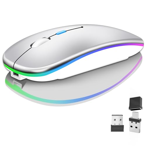 Kabellose Bluetooth-Maus für Laptop, wiederaufladbar, Computermaus, 2,4 GHz, optisch (Bluetooth 5.2 + USB A + USB C), Dual-Empfänger, Mäuse, 1600 dpi, LED, leises Klicken für Apple MacBook, Laptop von Vickey
