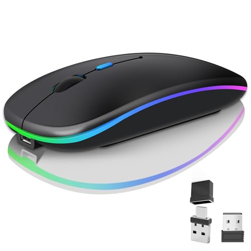 Kabellose Bluetooth-Maus für Laptop, wiederaufladbare Computer-Maus 2.4GHz Optisch (Bluetooth5.2+USB A+USB C) Duale Empfänger Mäuse-1600DPI LED Leiser klick für Mac Laptop Tablet PC Computer,Schwarz von Vickey