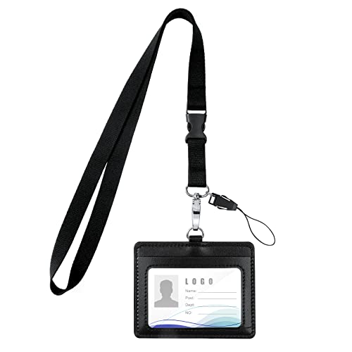 Vicloon Ausweishüllen für Lanyards, Ausweishülle PU, Band mit Ring für Schlüssel, Ausweishalter Leder für ID Karten,Work ID,Studentenausweis,Büro(Schwarz) von Vicloon